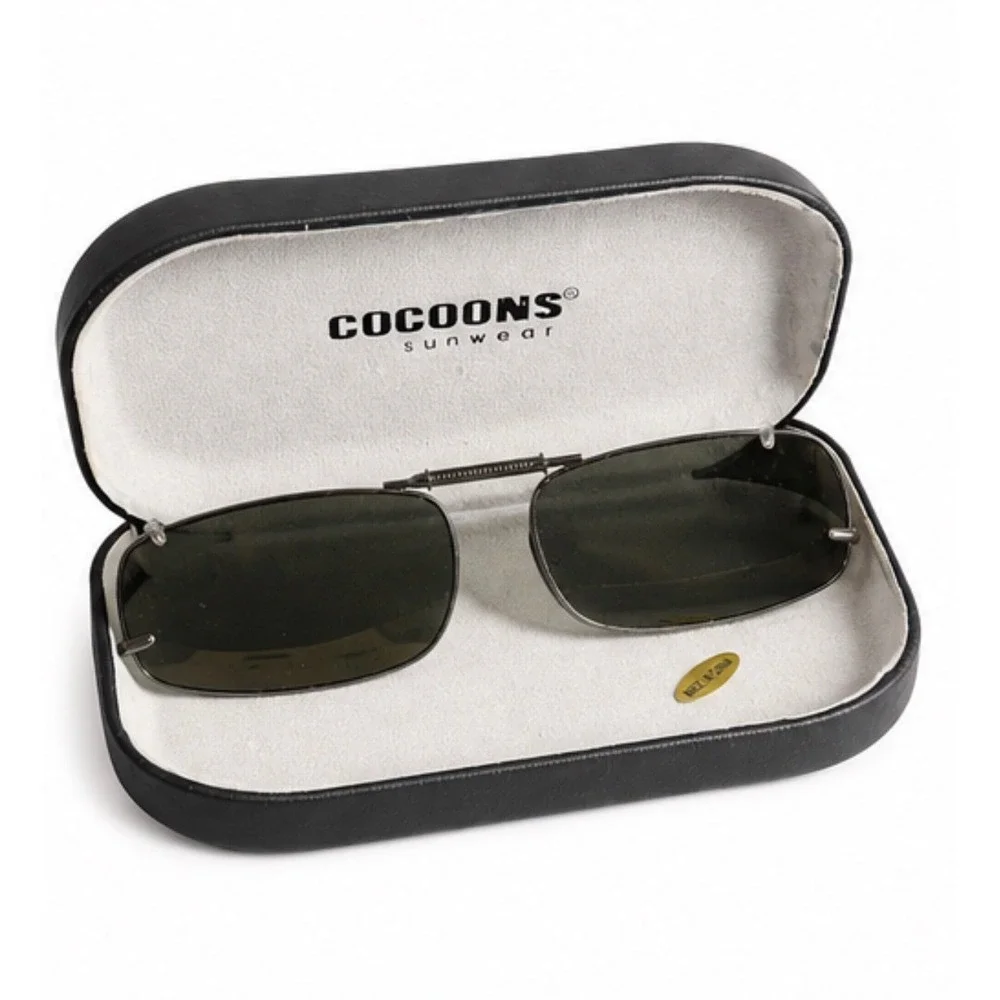 Cocoons Sunwear Clip On Sunglasses Rectangular Gunmetal Frame with Hard Case